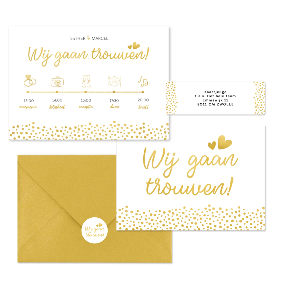 Witte trouwkaarten set met gouden stipjes