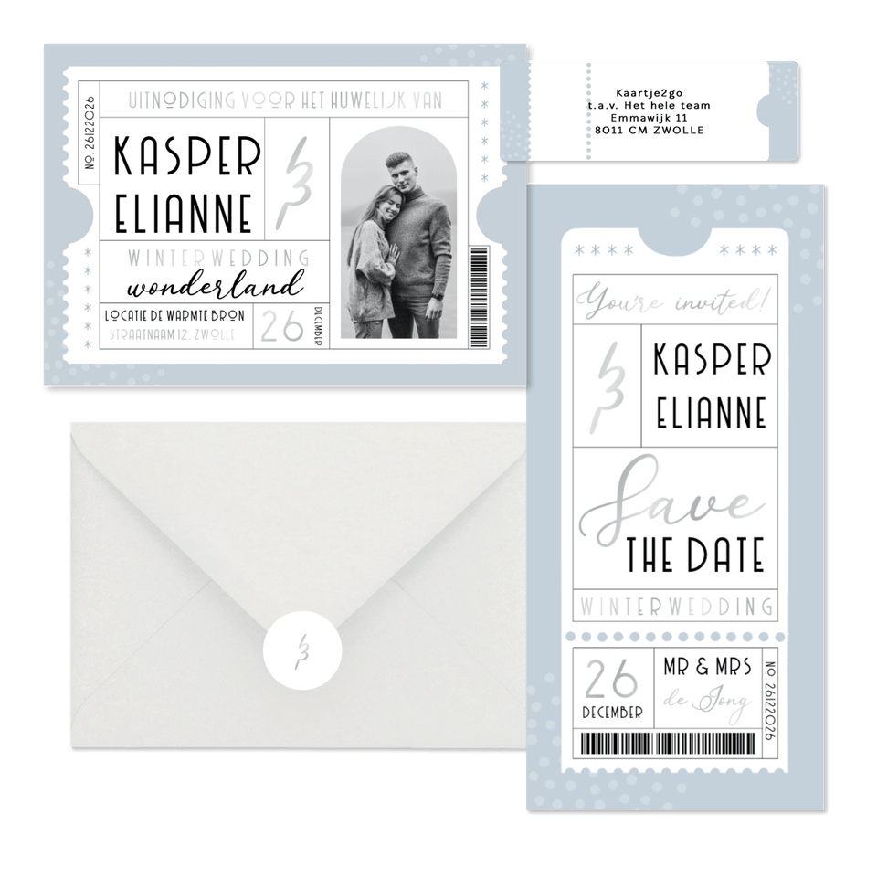 Trouwset blauwe winter wedding ticket 