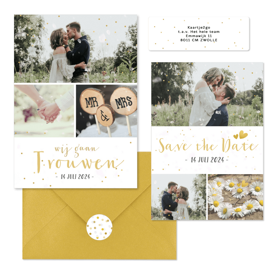 Trouwset fotocollage gouden confetti, hartjes