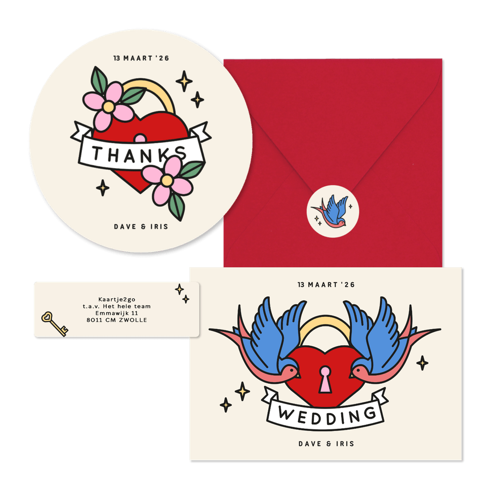 Trouwkaarten met tattoo stijl illustraties