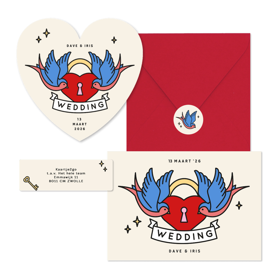 Trouwkaarten met tattoo stijl illustraties
