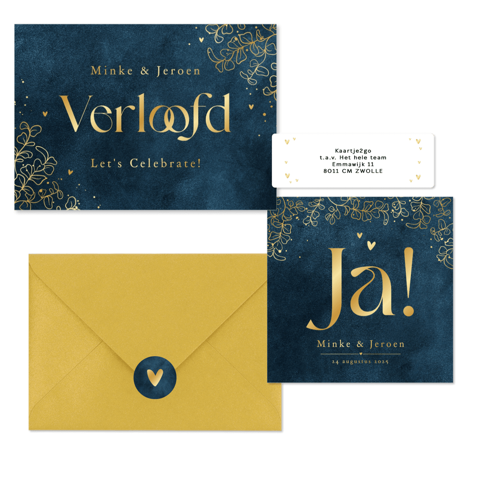 Trouwset velvet blauw eucalyptus lineart goud