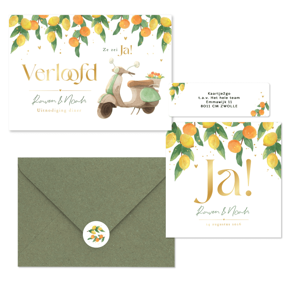 Trouwkaarten mediterrane zomer citroenen mandarijnen fris waterverf goud