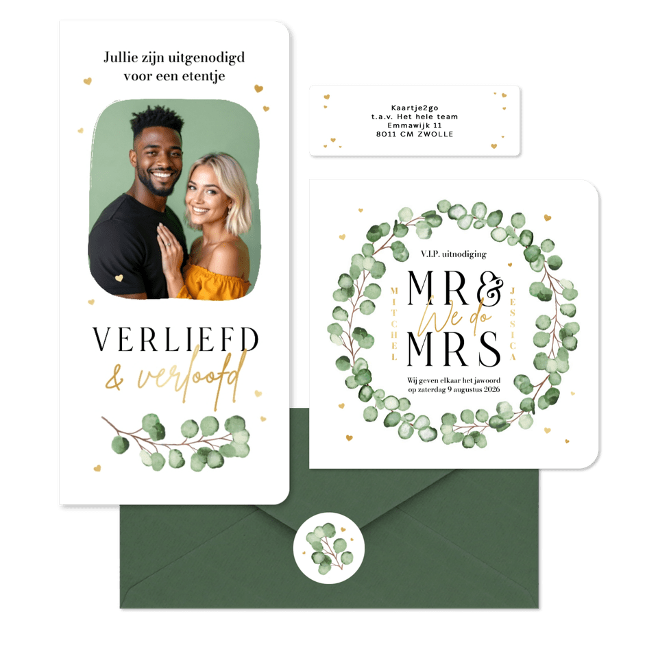 Trouwkaarten set eucalyptus stijlvol hip modern hartjes goud romantisch