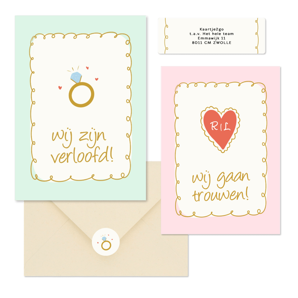 Vrolijke trouwkaartenset met doodle illustraties