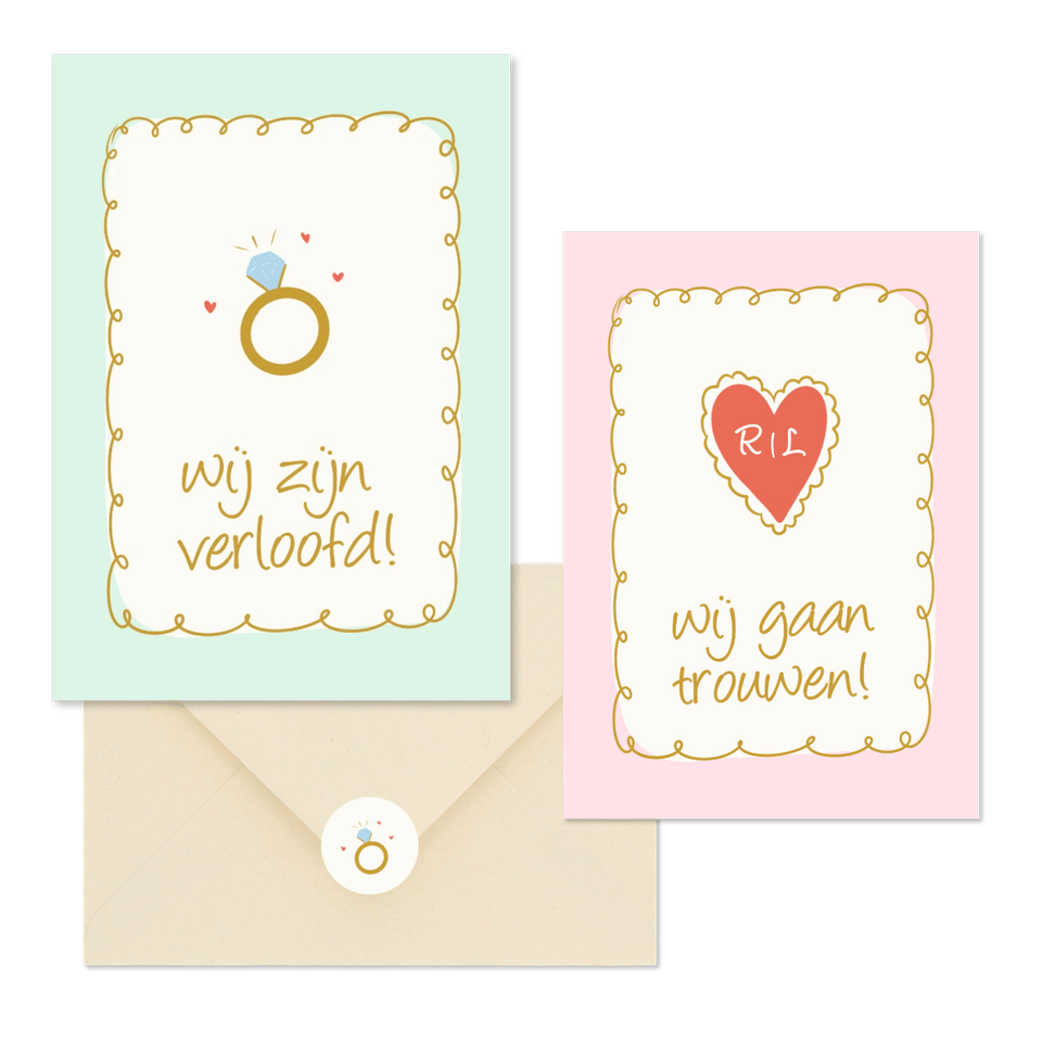 Vrolijke trouwkaartenset met doodle illustraties