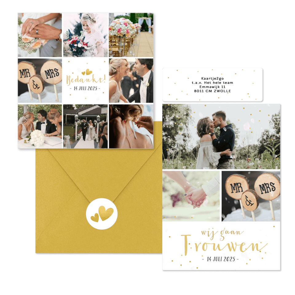 Trouwset fotocollage gouden confetti, hartjes