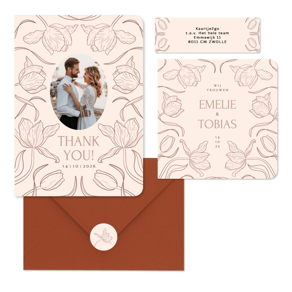 Klassieke trouwkaartenset met art deco tulpen beige