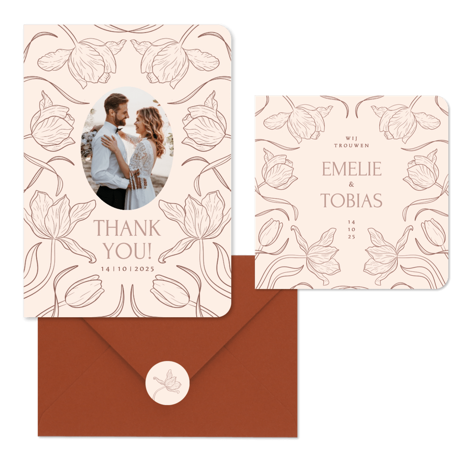 Klassieke trouwkaartenset met art deco tulpen beige