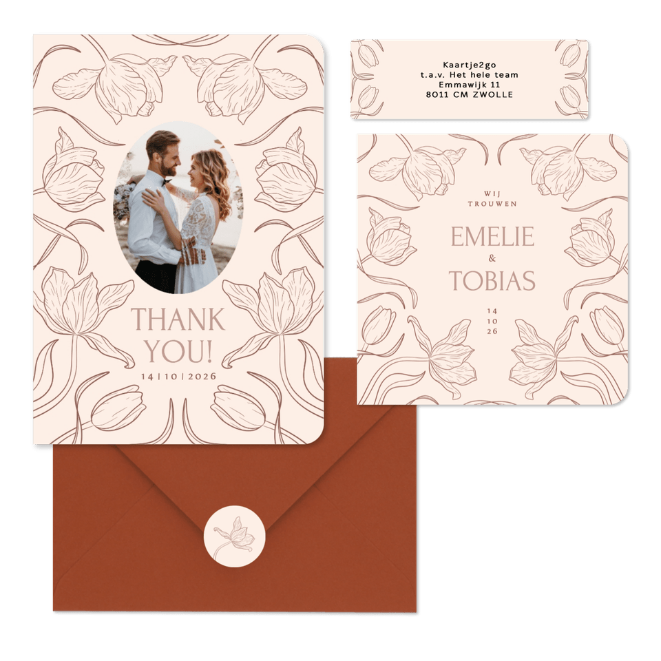 Klassieke trouwkaartenset met art deco tulpen beige