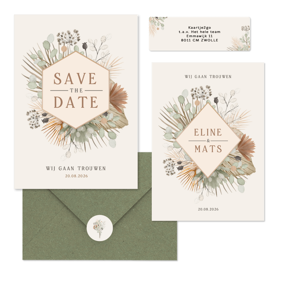 Trouwset bohemian met droogbloemen