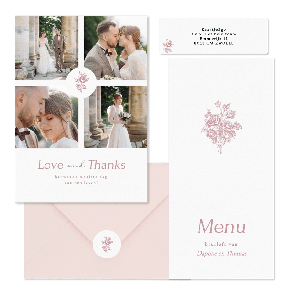 Klassieke trouwset met vintage roze boeket met rozen