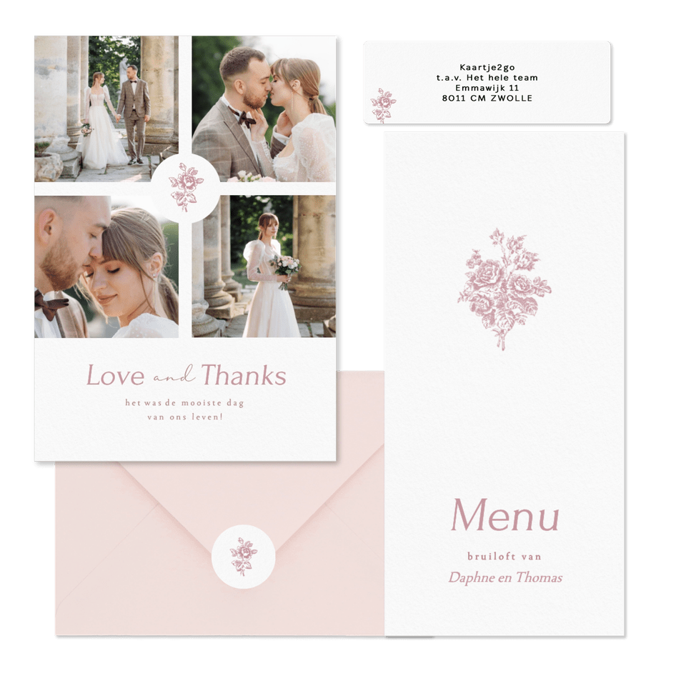 Klassieke trouwset met vintage roze boeket met rozen