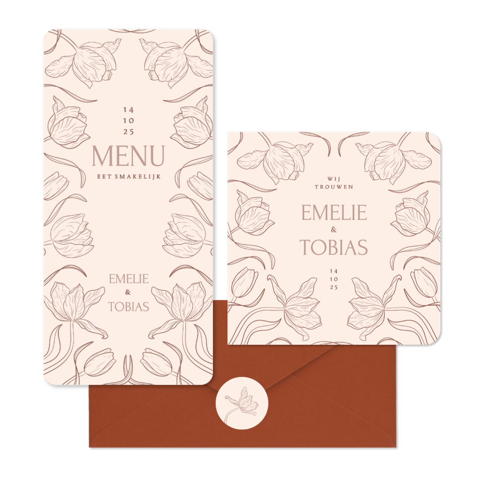 Klassieke trouwkaartenset met art deco tulpen beige
