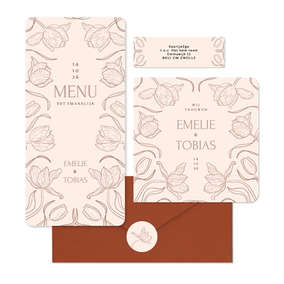 Klassieke trouwkaartenset met art deco tulpen beige