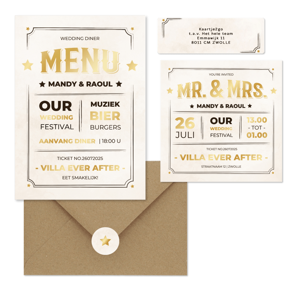 Moderne trouwset ticket vintage stijl met goud