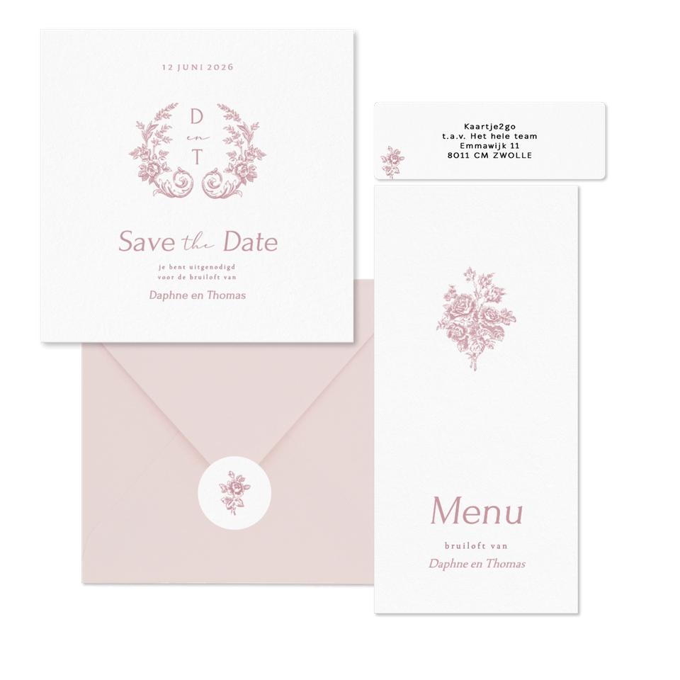 Klassieke trouwset met vintage roze boeket met rozen