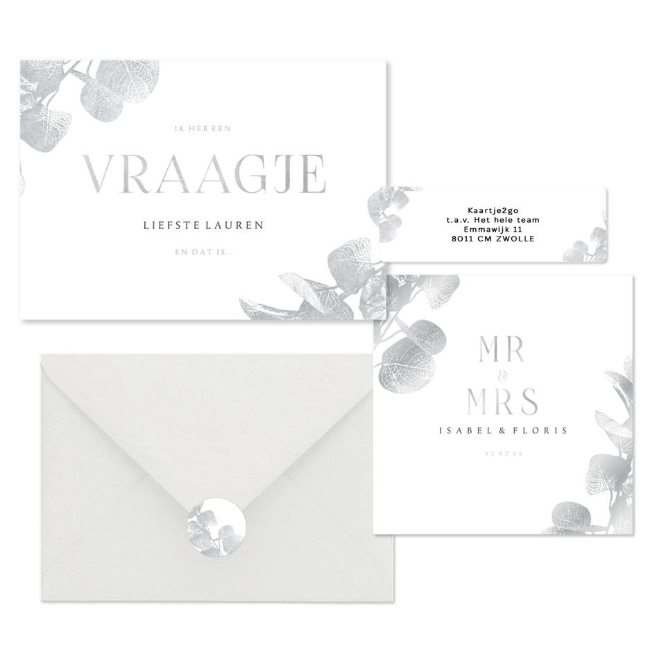 Trouwset met zilveren eucalyptustak