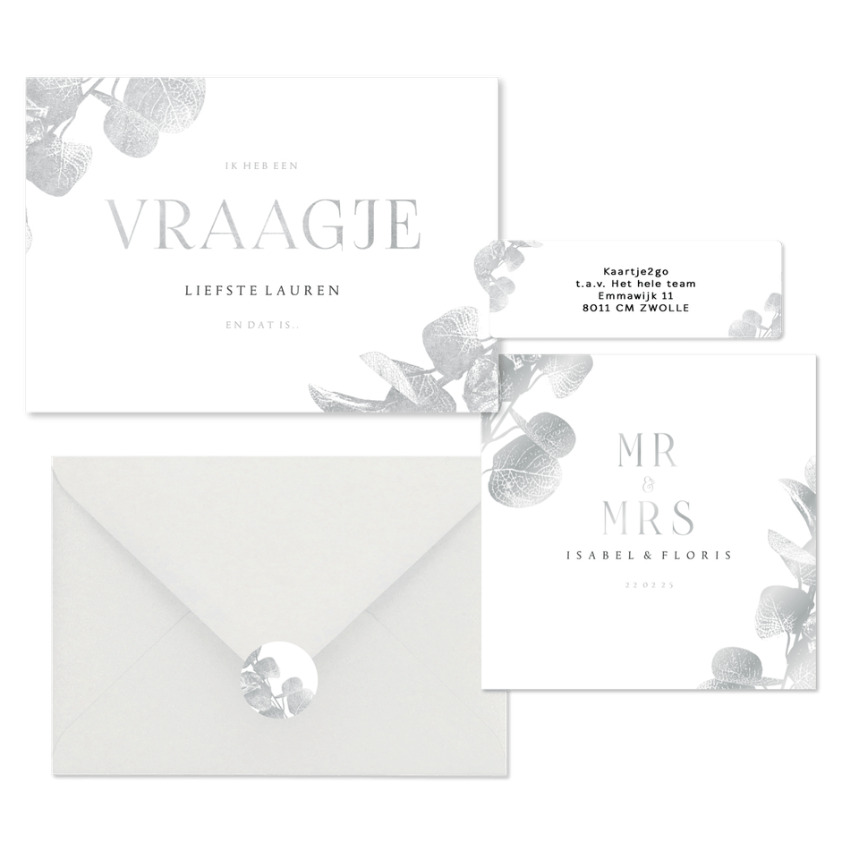 Trouwset met zilveren eucalyptustak