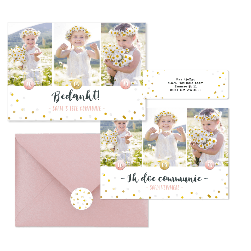 Hippe fotocollage kaarten communie met gouden confetti