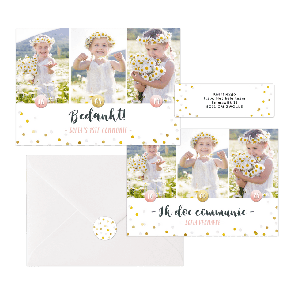 Hippe fotocollage kaarten communie met gouden confetti