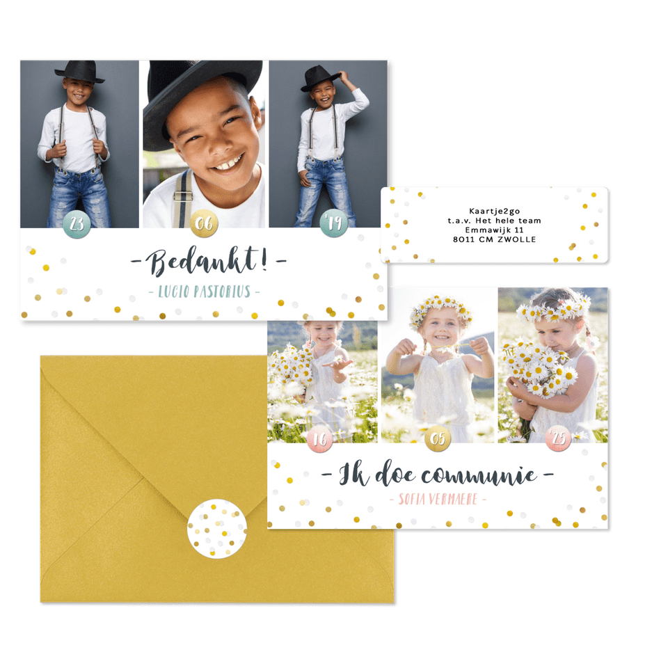 Hippe fotocollage kaarten communie met gouden confetti