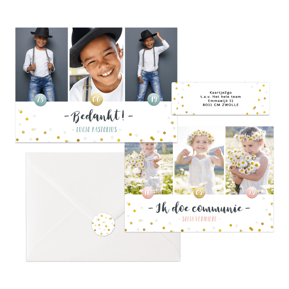 Hippe fotocollage kaarten communie met gouden confetti