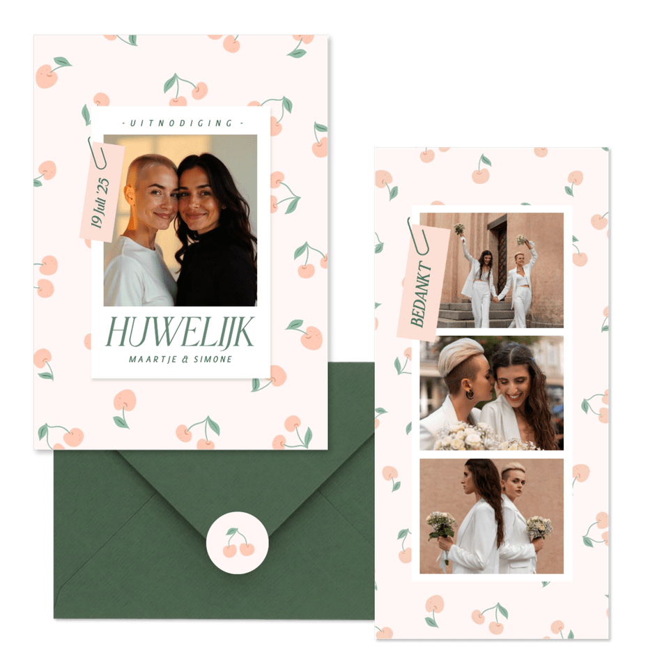 Trouwset met vrolijke kersjes in oranje roze en groen