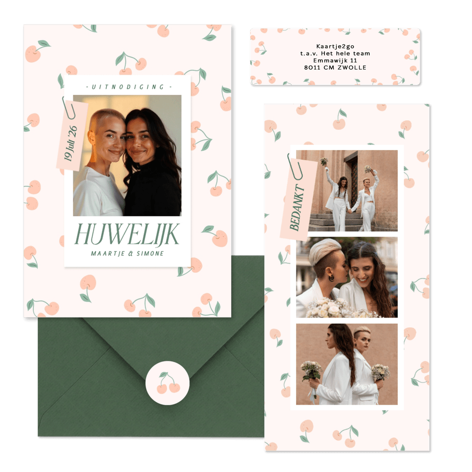 Trouwset met vrolijke kersjes in oranje roze en groen