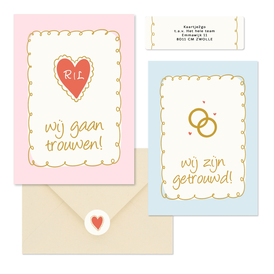 Vrolijke trouwkaartenset met doodle illustraties