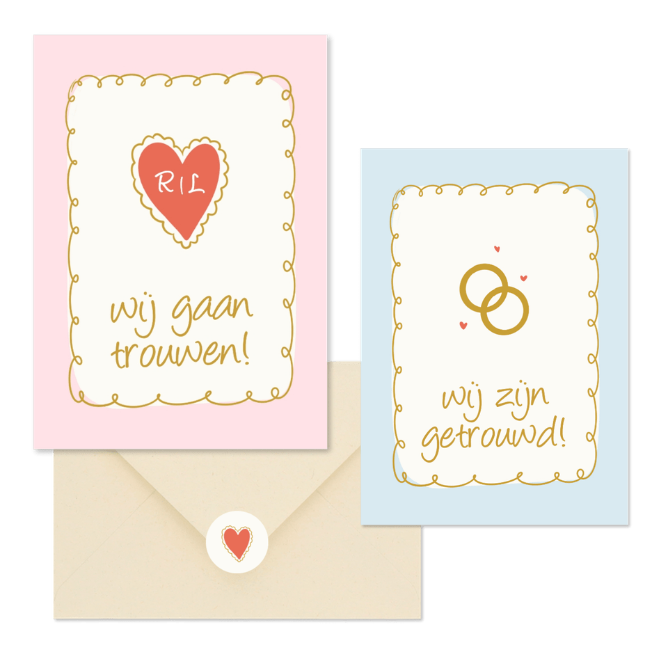 Vrolijke trouwkaartenset met doodle illustraties