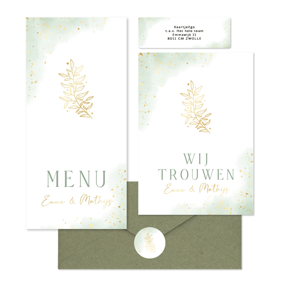 Bohemian trouwset met groene waterverf en gouden takje