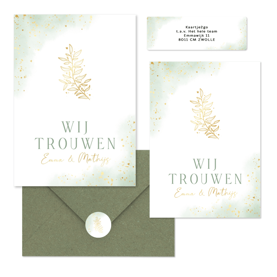 Bohemian trouwset met groene waterverf en gouden takje