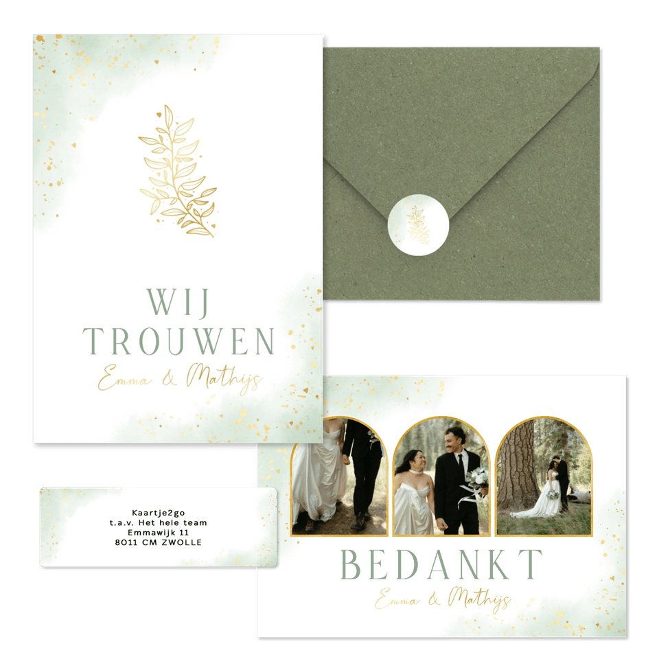 Bohemian trouwset met groene waterverf en gouden takje