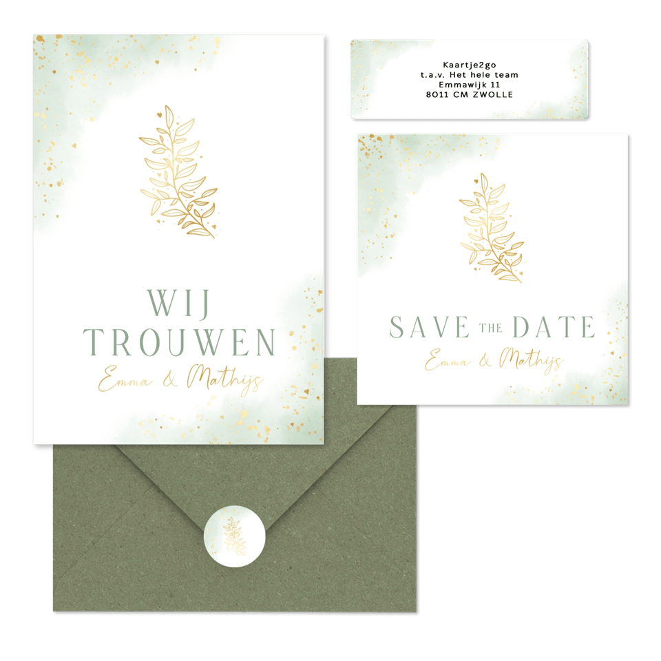 Bohemian trouwset met groene waterverf en gouden takje