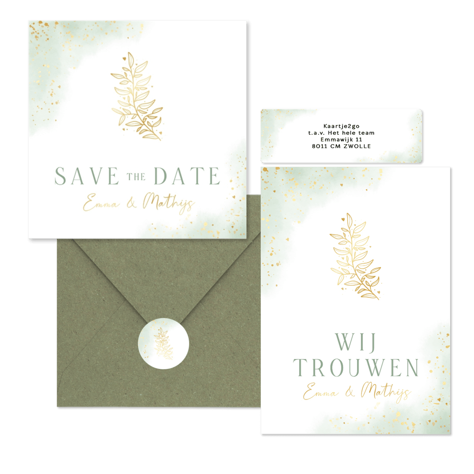 Bohemian trouwset met groene waterverf en gouden takje