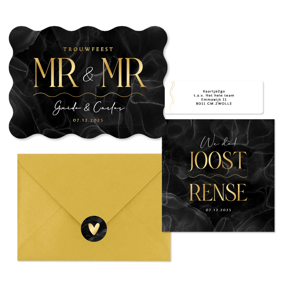 Trouwset chic marmer zwart goud typografisch