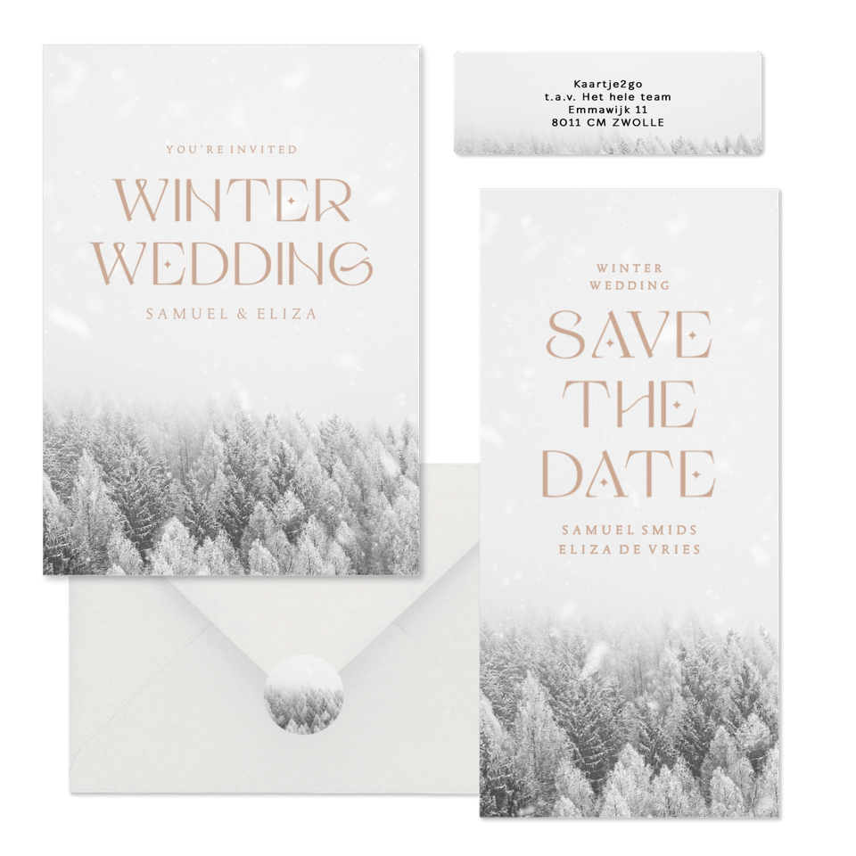 Winter wedding trouwset met besneeuwd bos