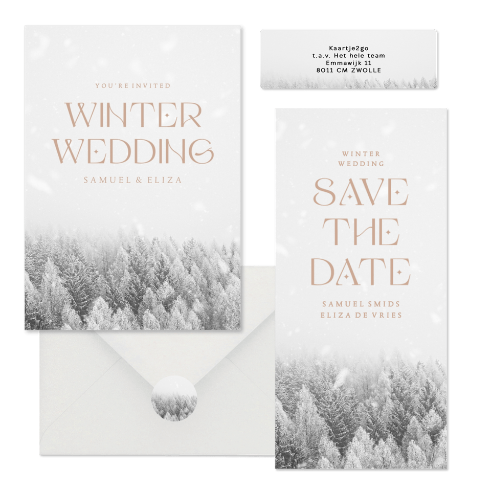 Winter wedding trouwset met besneeuwd bos