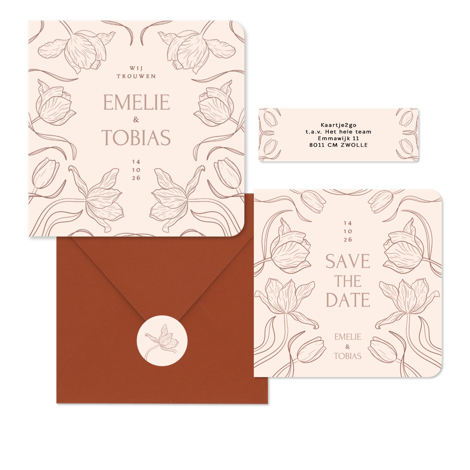 Klassieke trouwkaartenset met art deco tulpen beige