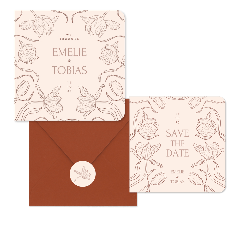Klassieke trouwkaartenset met art deco tulpen beige