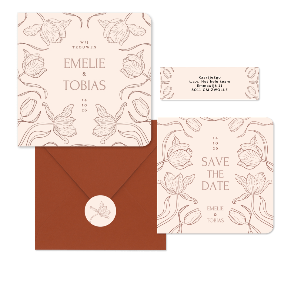 Klassieke trouwkaartenset met art deco tulpen beige