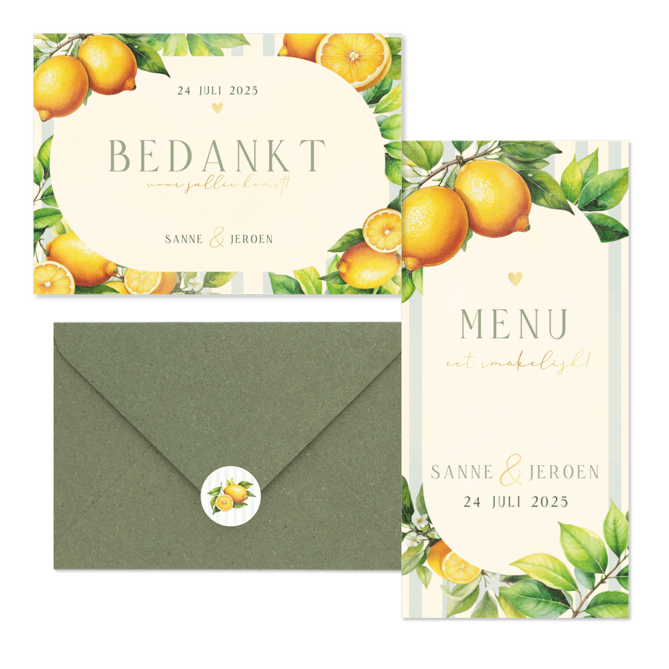 Zomerse trouwset met citroenen, blaadjes en streepjes