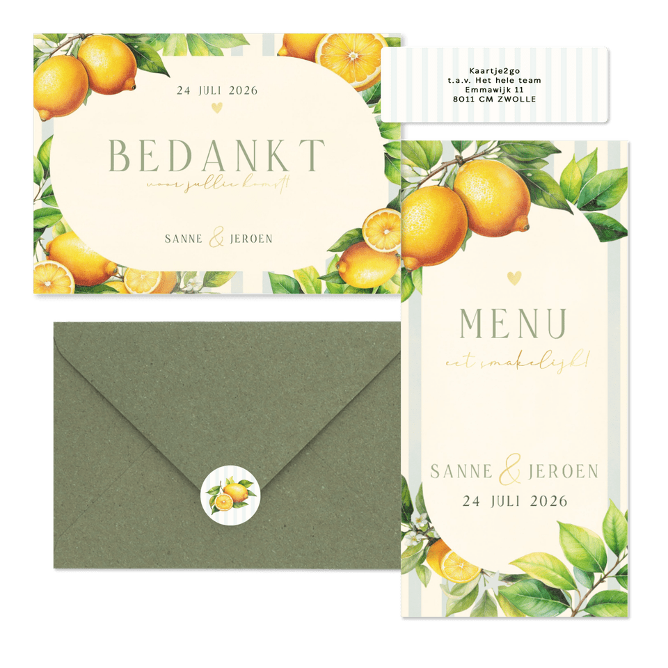 Zomerse trouwset met citroenen, blaadjes en streepjes