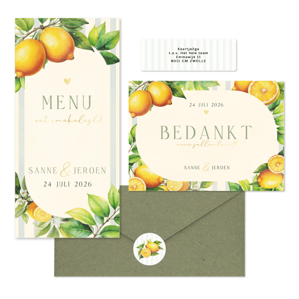 Zomerse trouwset met citroenen, blaadjes en streepjes