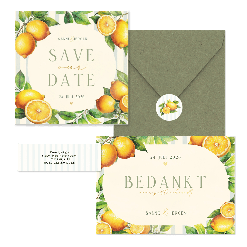 Zomerse trouwset met citroenen, blaadjes en streepjes