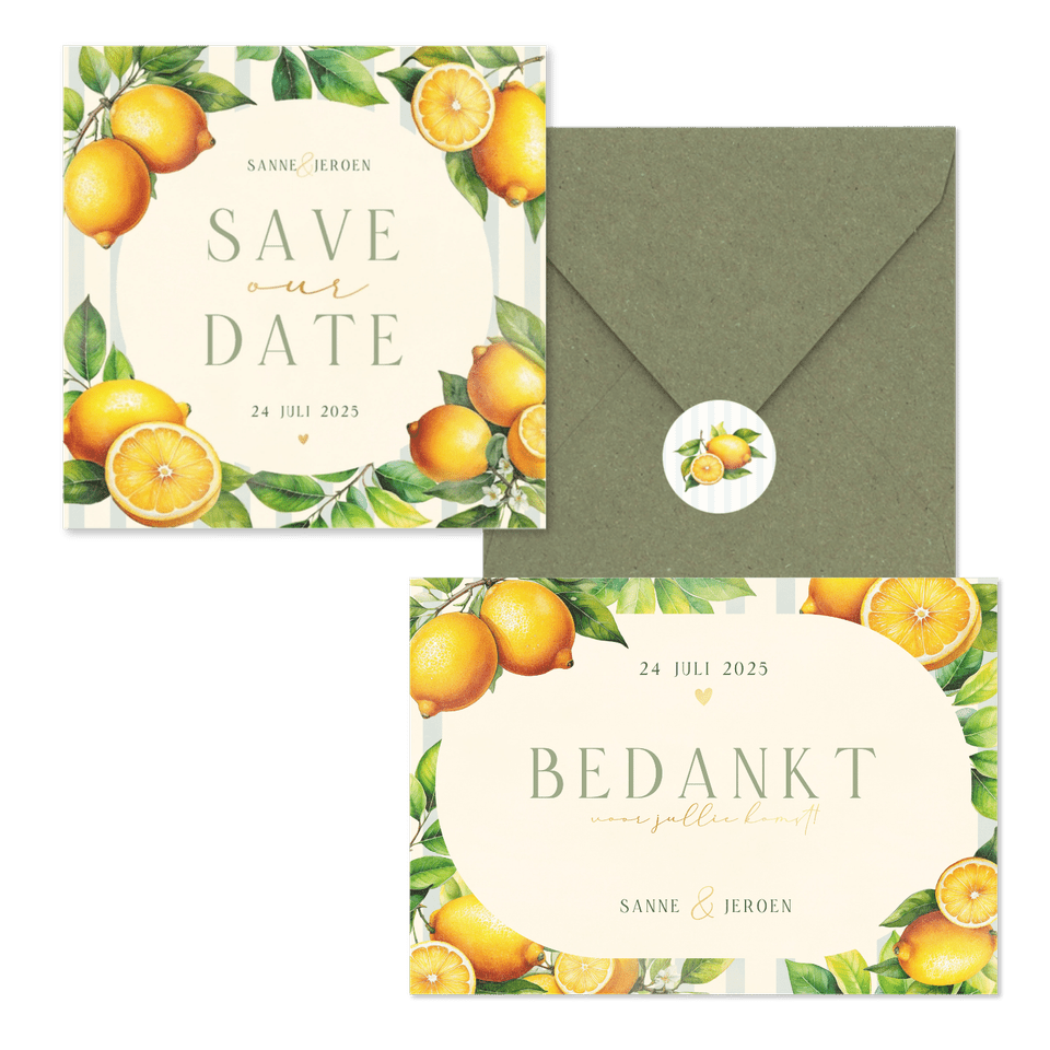 Zomerse trouwset met citroenen, blaadjes en streepjes