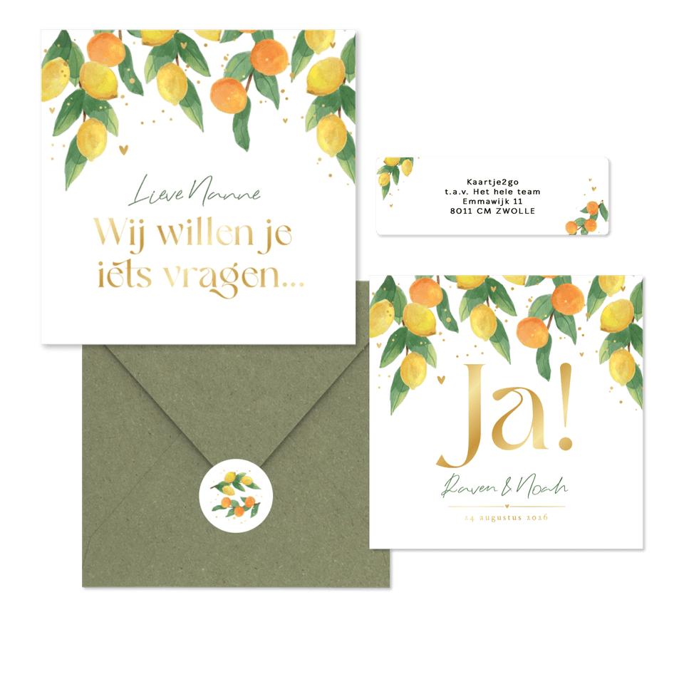 Trouwkaarten mediterrane zomer citroenen mandarijnen fris waterverf goud