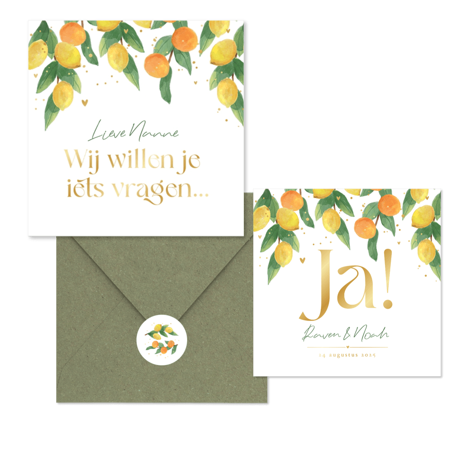 Trouwkaarten mediterrane zomer citroenen mandarijnen fris waterverf goud