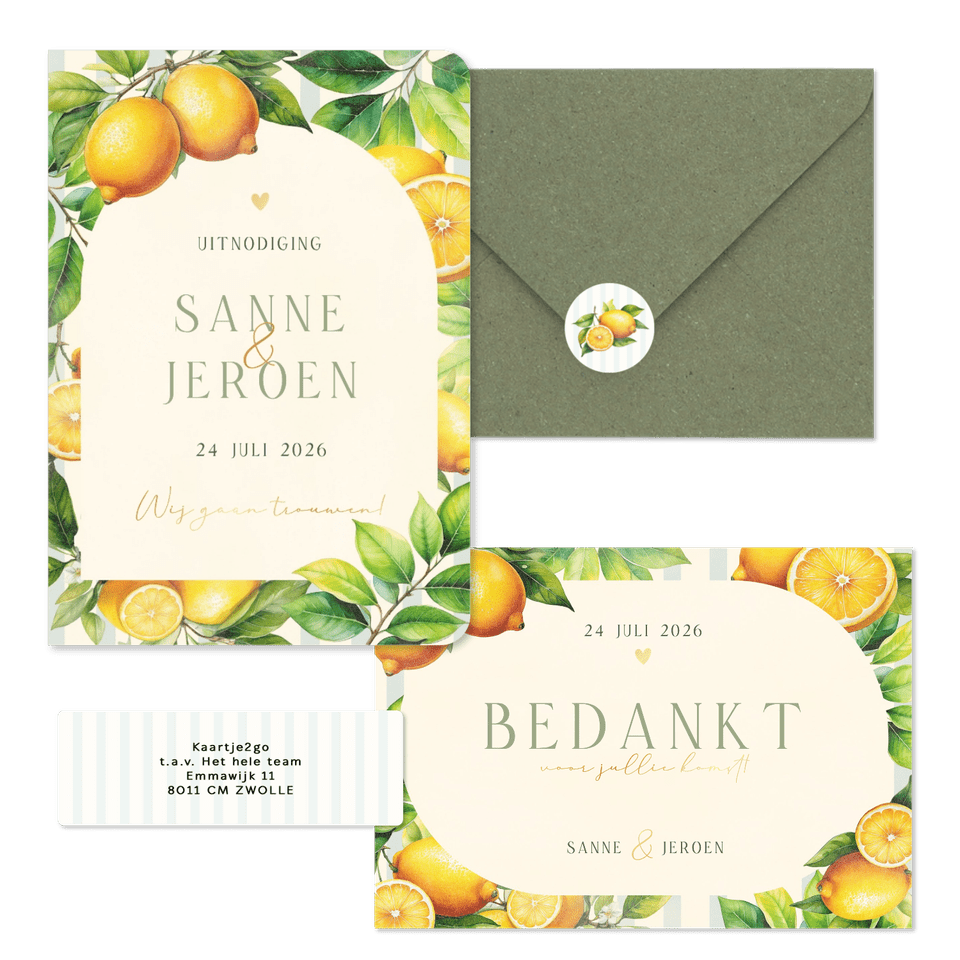 Zomerse trouwset met citroenen, blaadjes en streepjes